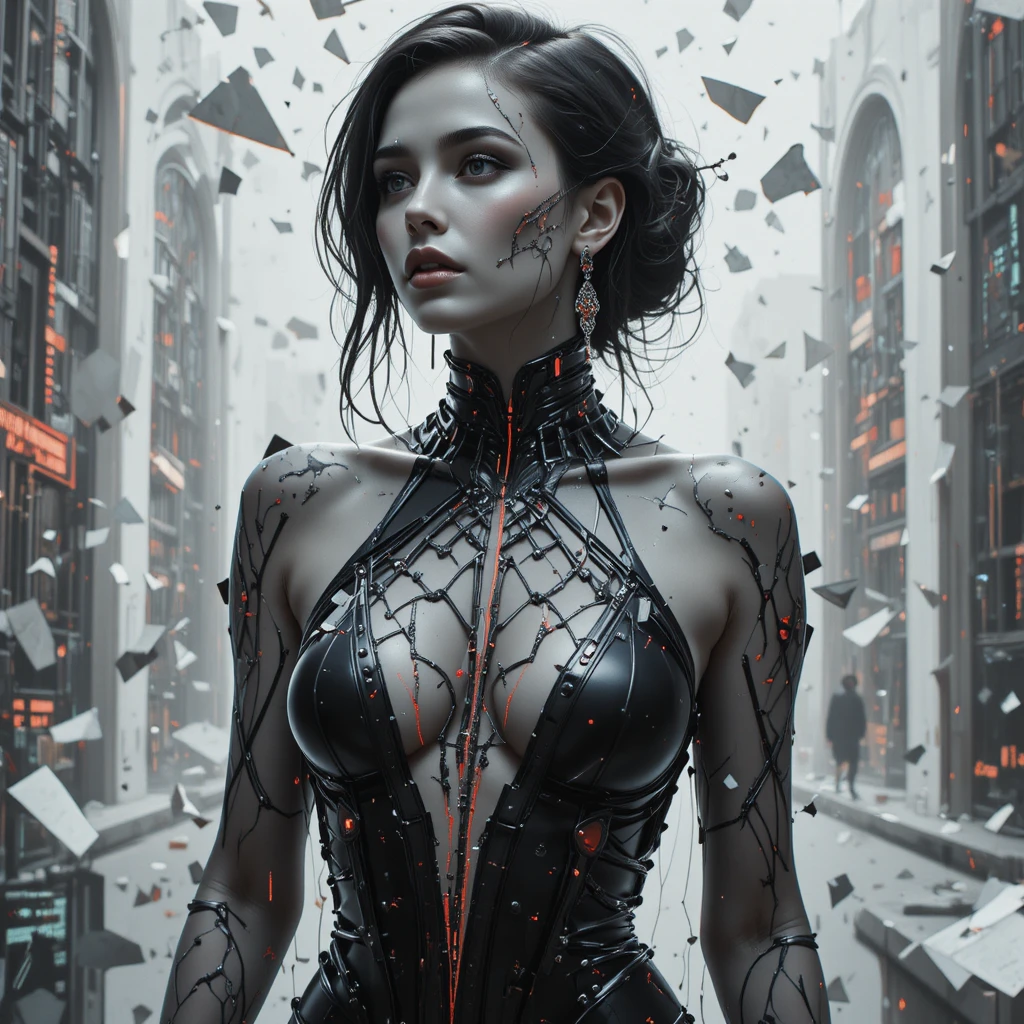 Cyberpunk heroine in glitching digital ruins close up