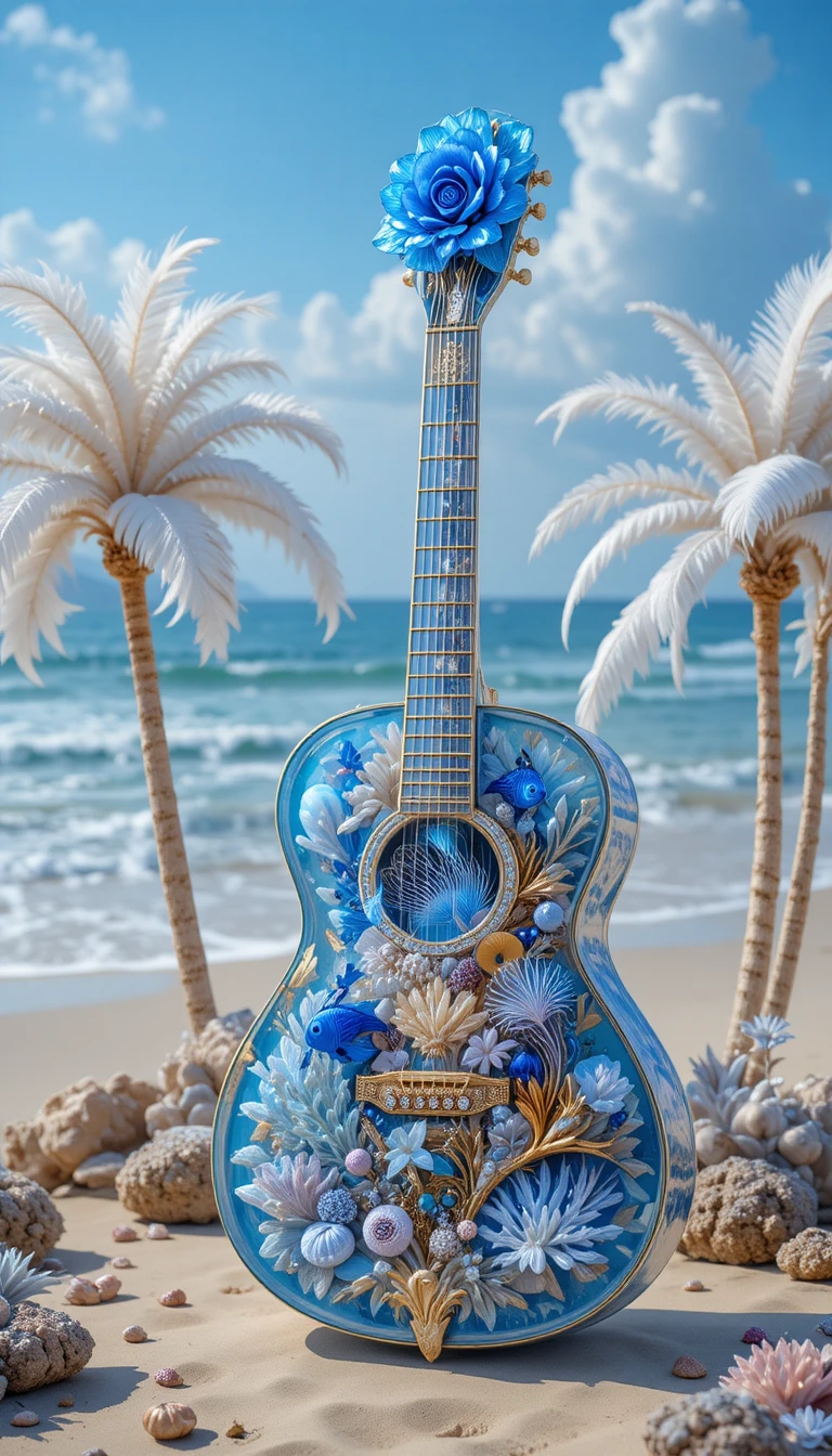 Violão de cristal com tema oceânico e detalhes marinhos elaborados