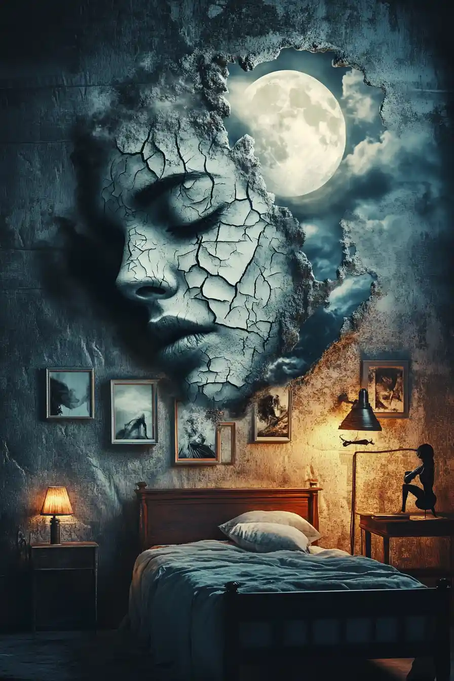 Surreal bedroom with colossal cracked face above a small figure