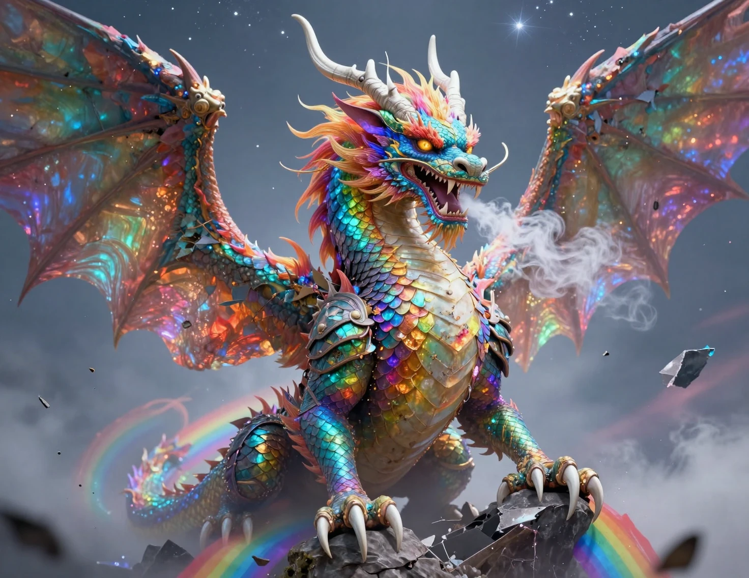 Antiguo dragón chino posado sobre un arcoíris brillante