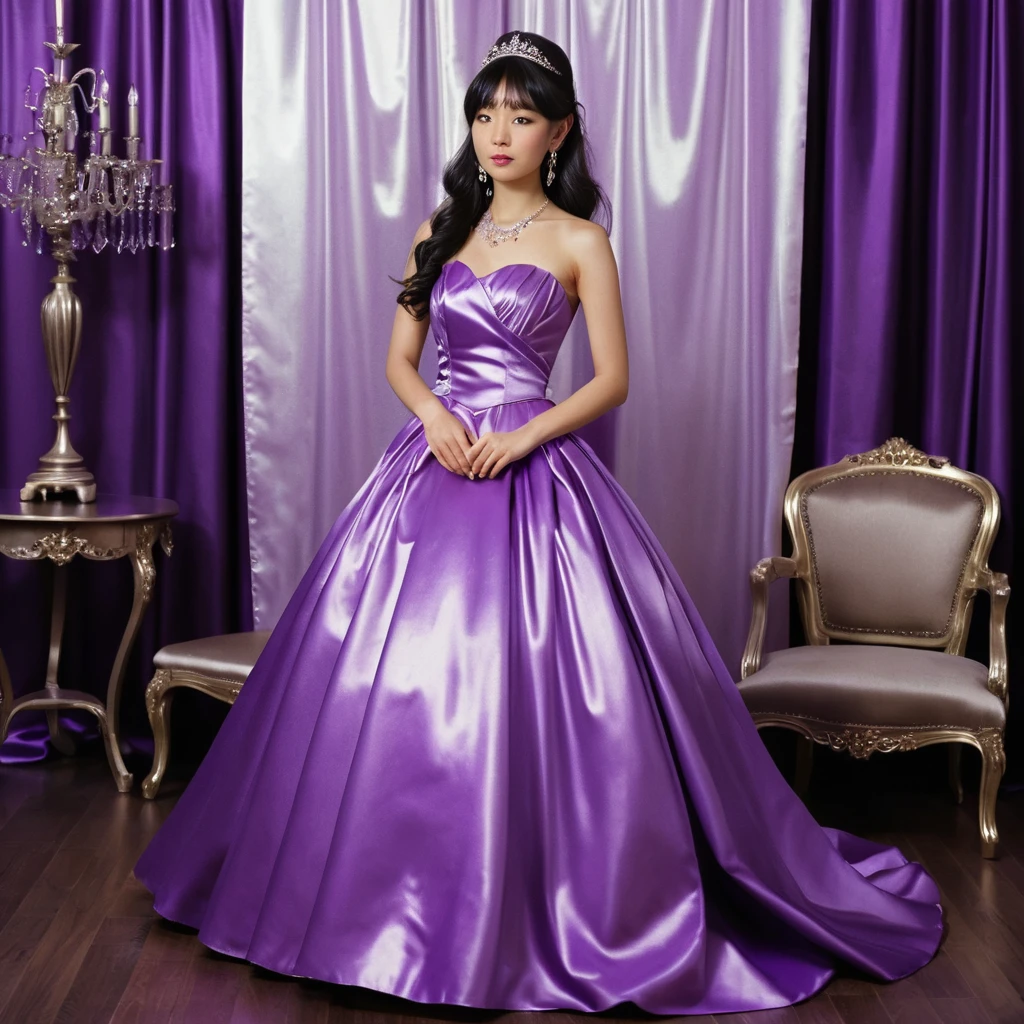 Jeune femme japonaise en robe de bal en satin violet éclatant