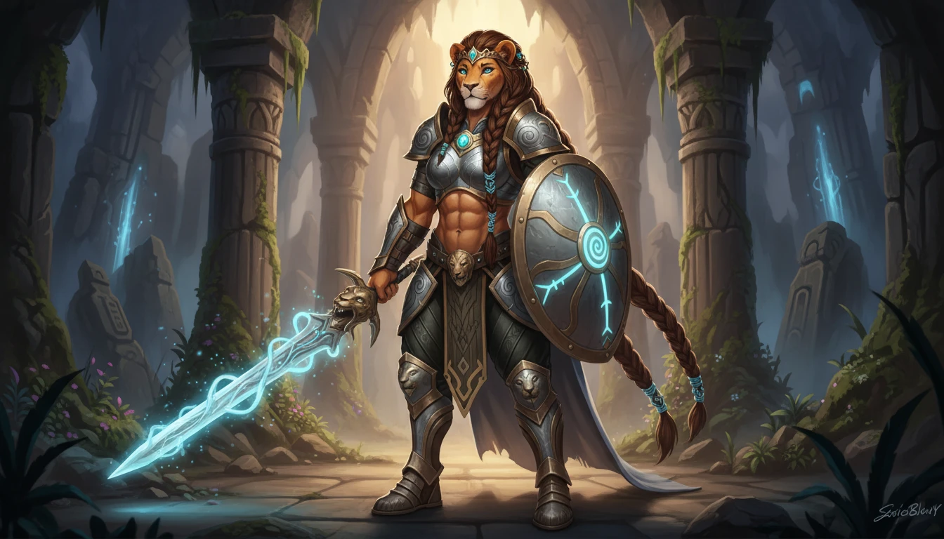 Reina guerrera leona antropomórfica con espada y escudo