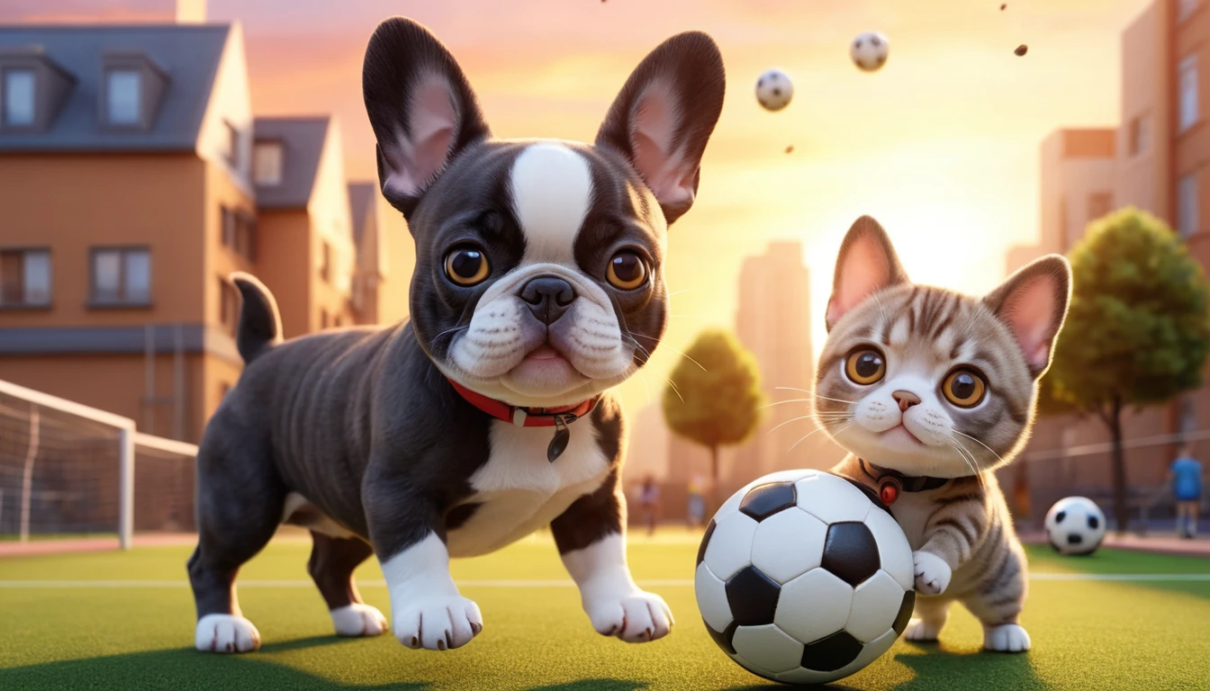 Cachorro e gato fofos jogando futebol em um parquinho na cidade