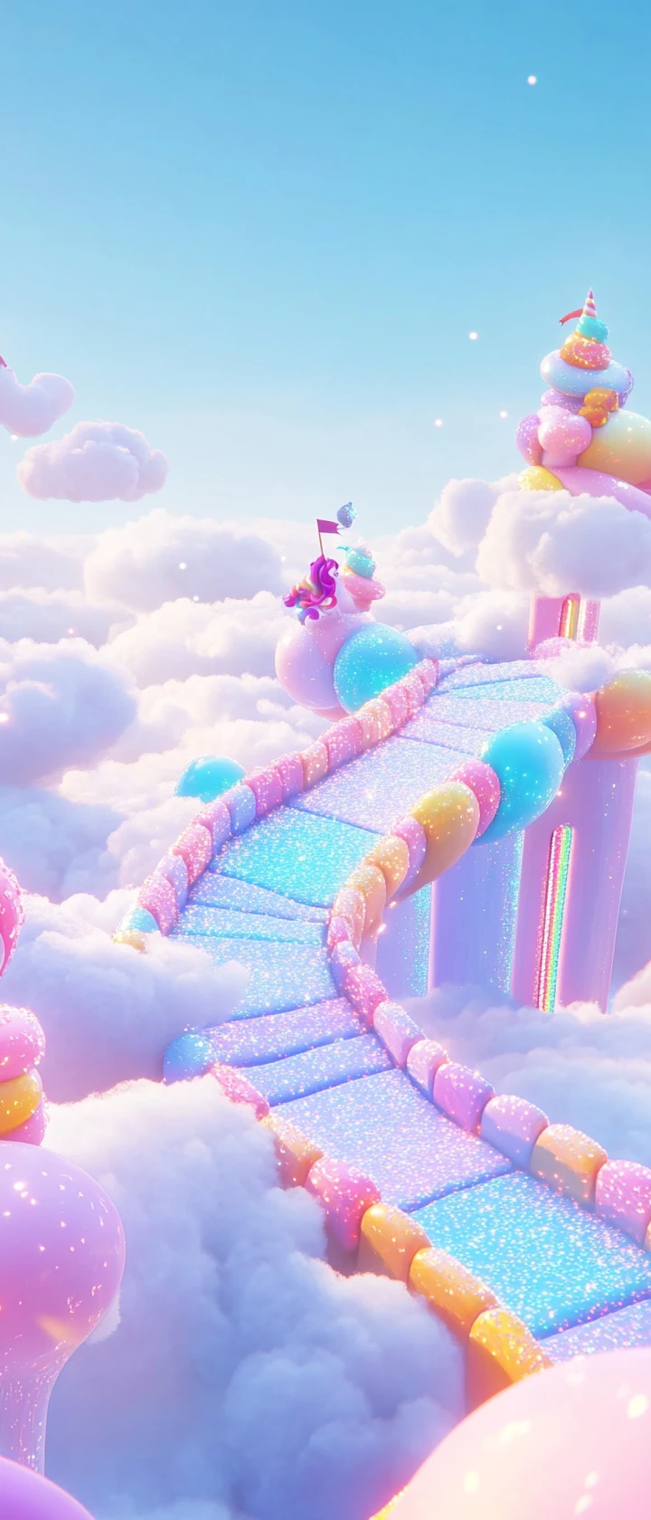 Unicorno che Attraversa una Pista di Caramelle Arcobaleno Fluttuante