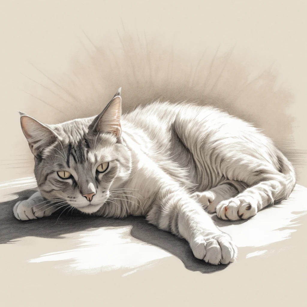 Boceto a lápiz relajado de un gato estirándose de lado