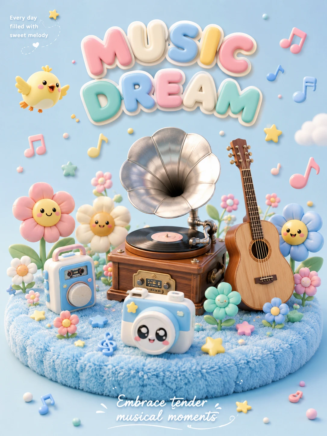 粉彩花朵與小鳥的奇幻 3D 音樂展示