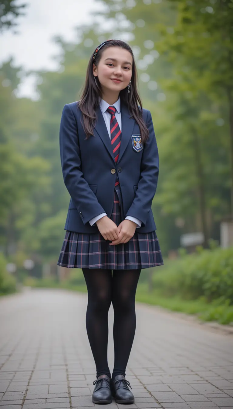 Jovem de uniforme escolar em caminho arborizado