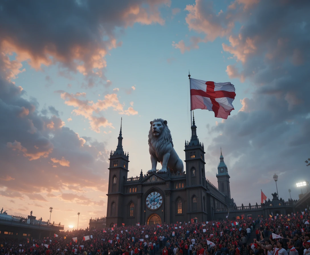 Leão majestoso sobre estádio de futebol gótico ao anoitecer