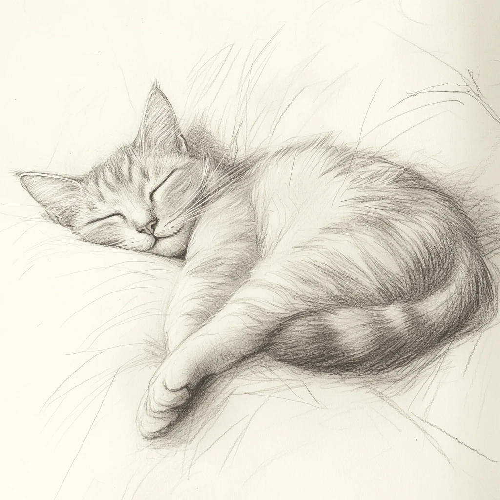 Croquis au crayon détendu d’un chat domestique étiré