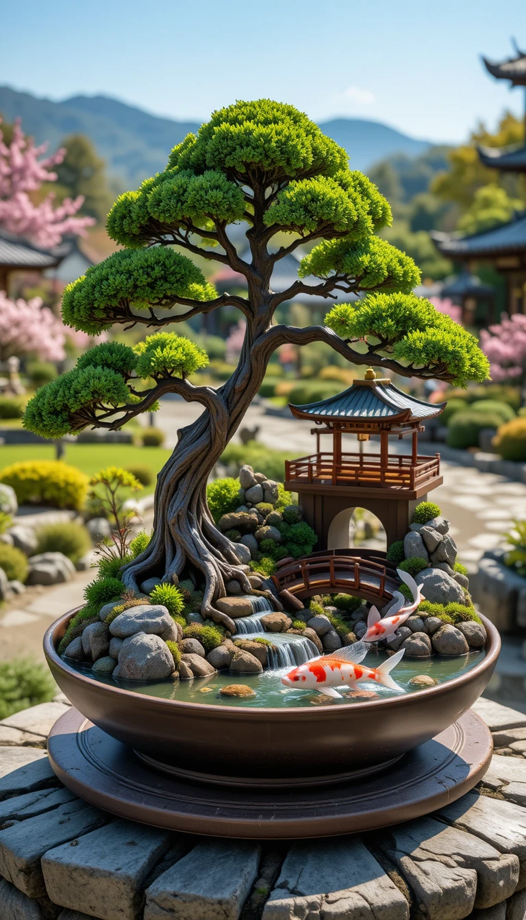 五重塔と鯉の池があるミニチュア盆栽の風景