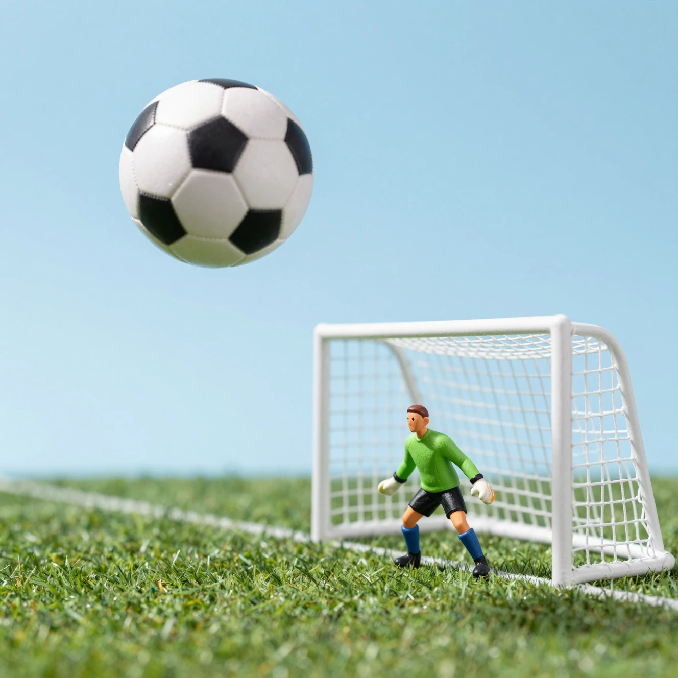 작은 골키퍼를 향해 골대로 날아가는 미니어처 축구공