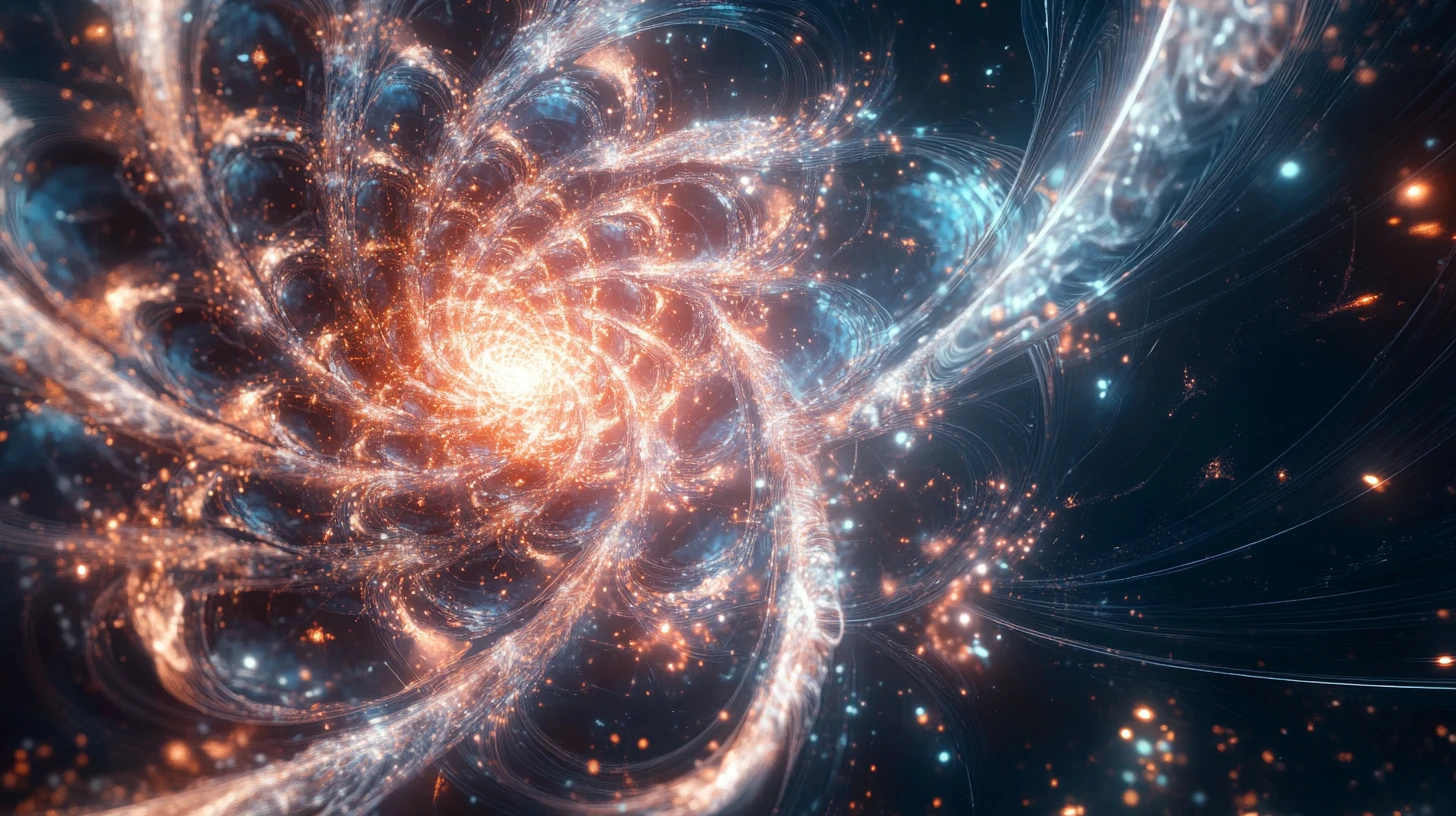 Fleur numérique colossale en spirale autour d’un noyau gravitationnel