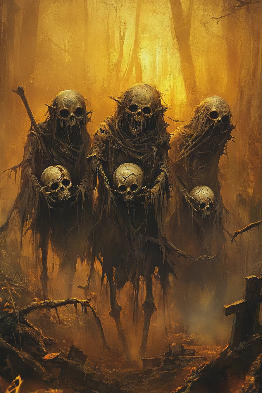 Três Criaturas Goblin em um Cemitério Nebuloso à Noite