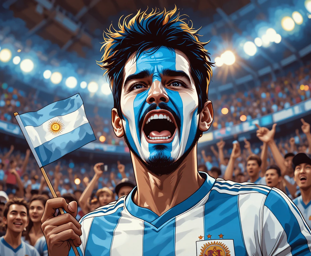 Ritratto di tifoso di calcio argentino sotto le luminose luci dello stadio