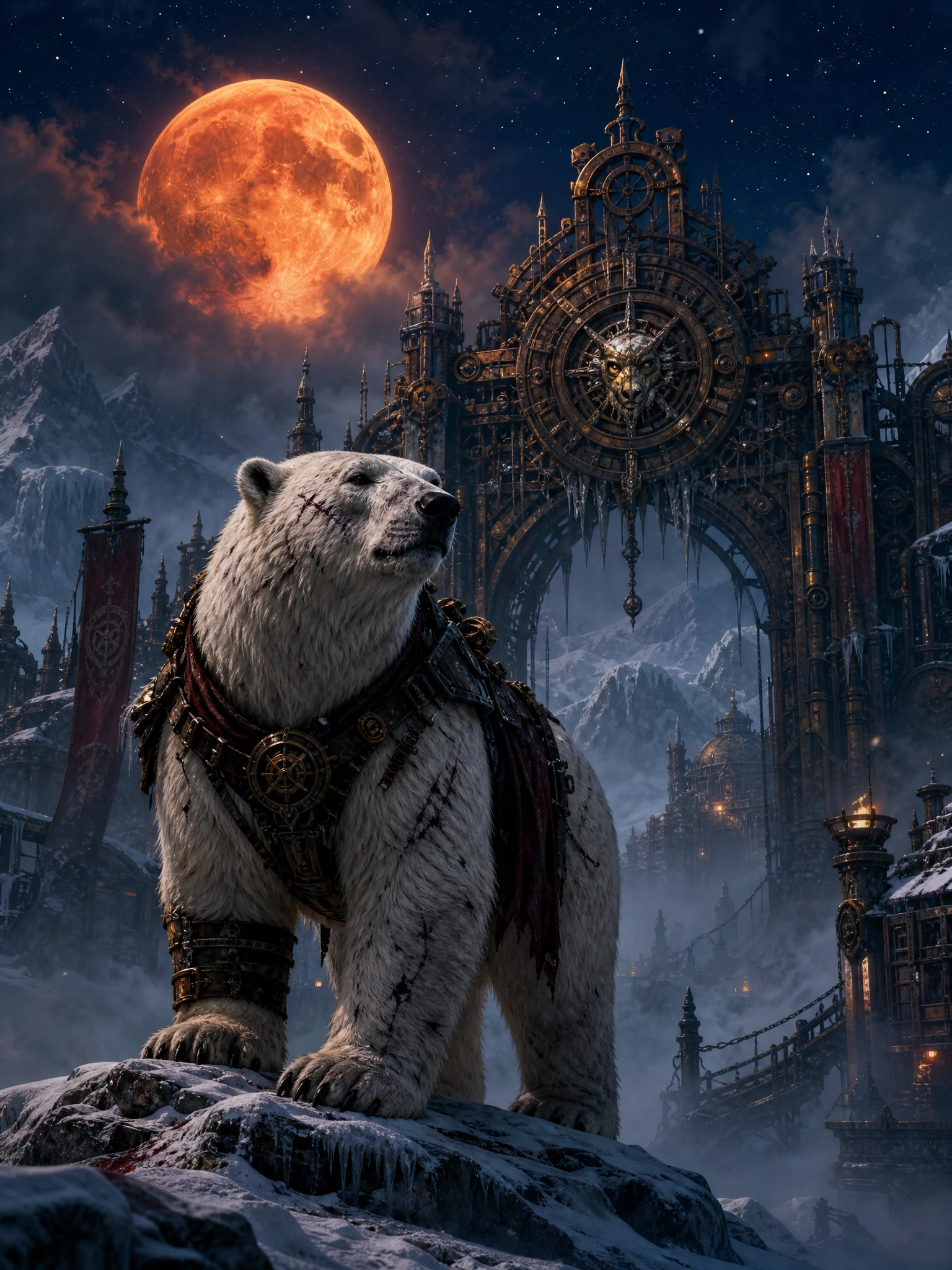 Urso-polar veterano de batalha sob uma lua cheia em chamas