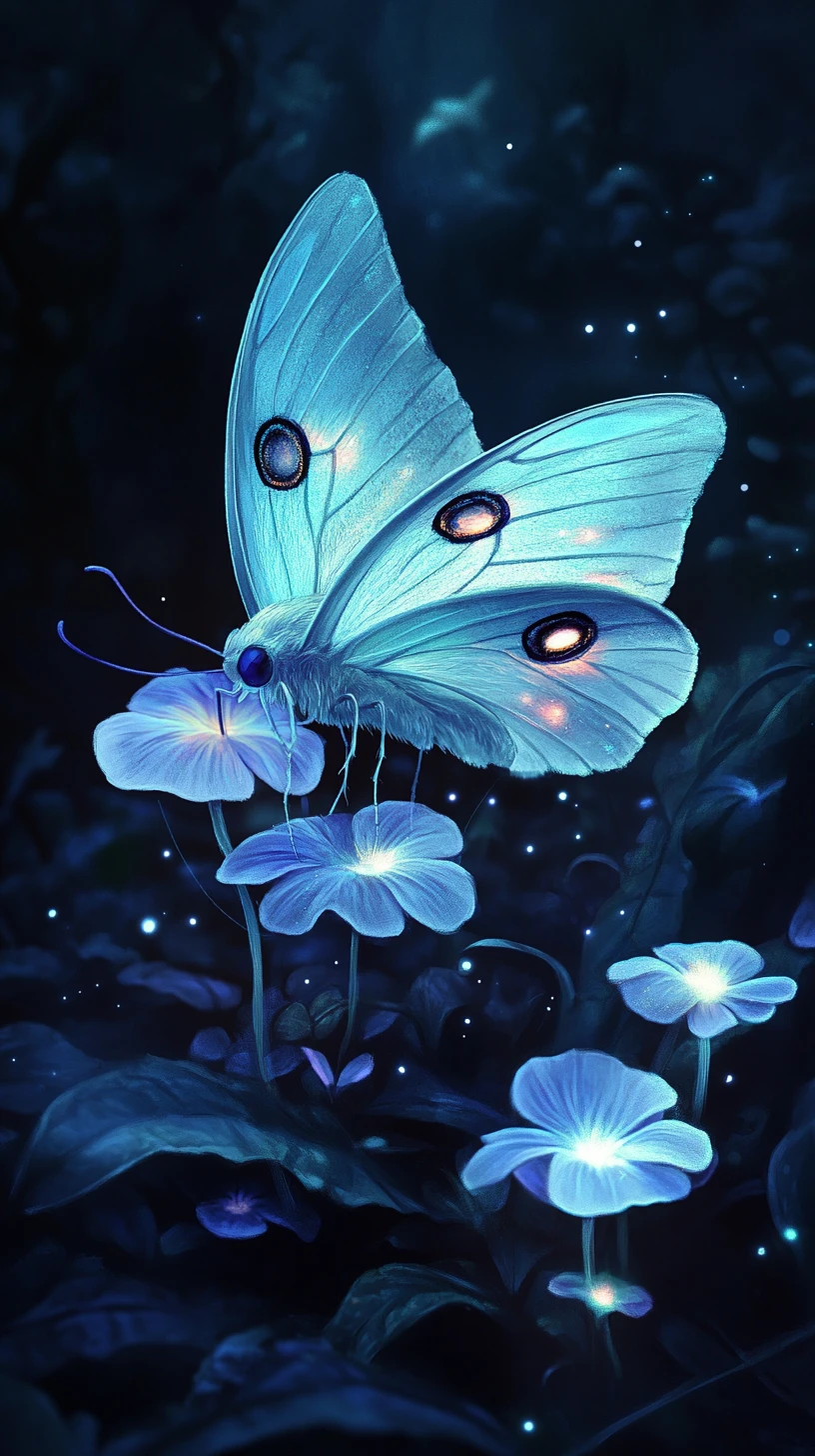 Mariposa-lua surreal fundida com orquídeas fantasmagóricas na escuridão