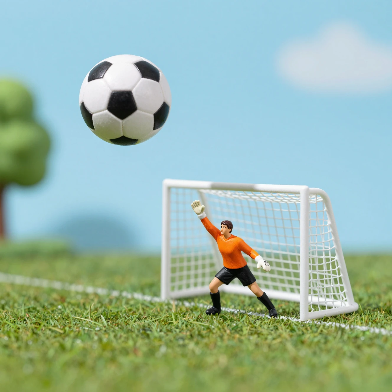 작은 골대 그물망을 향해 날아가는 미니어처 축구공