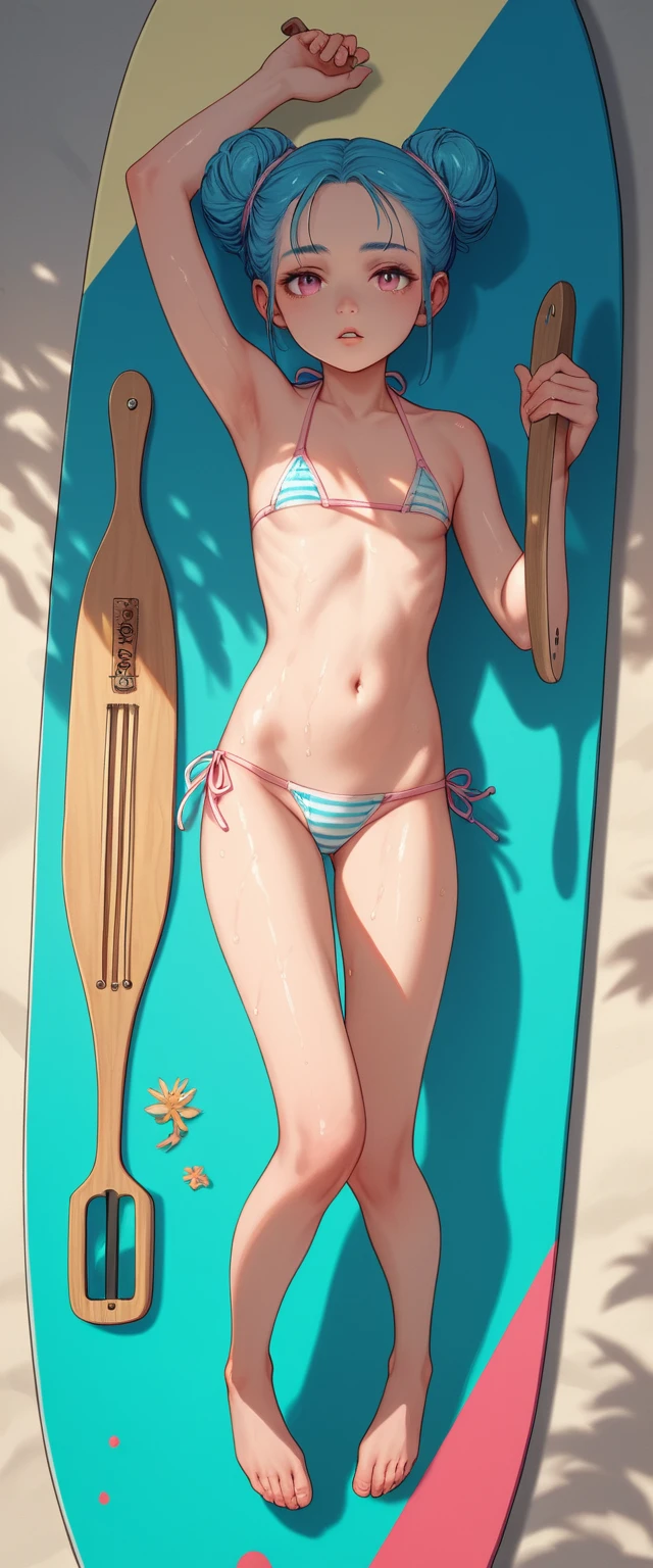 藍髮女孩在平靜水面上跪在立槳板上