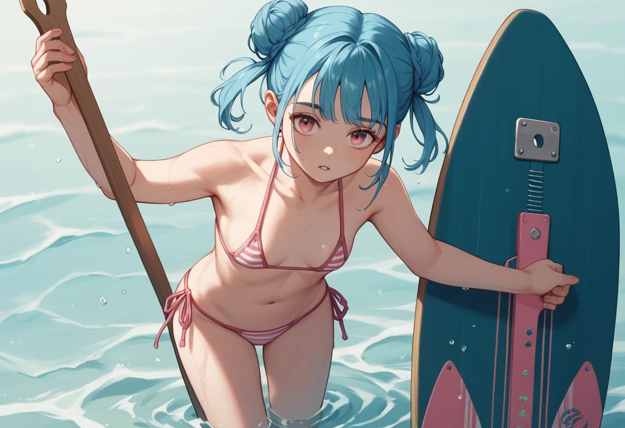 Chica de anime de pelo azul remando en un lago tranquilo