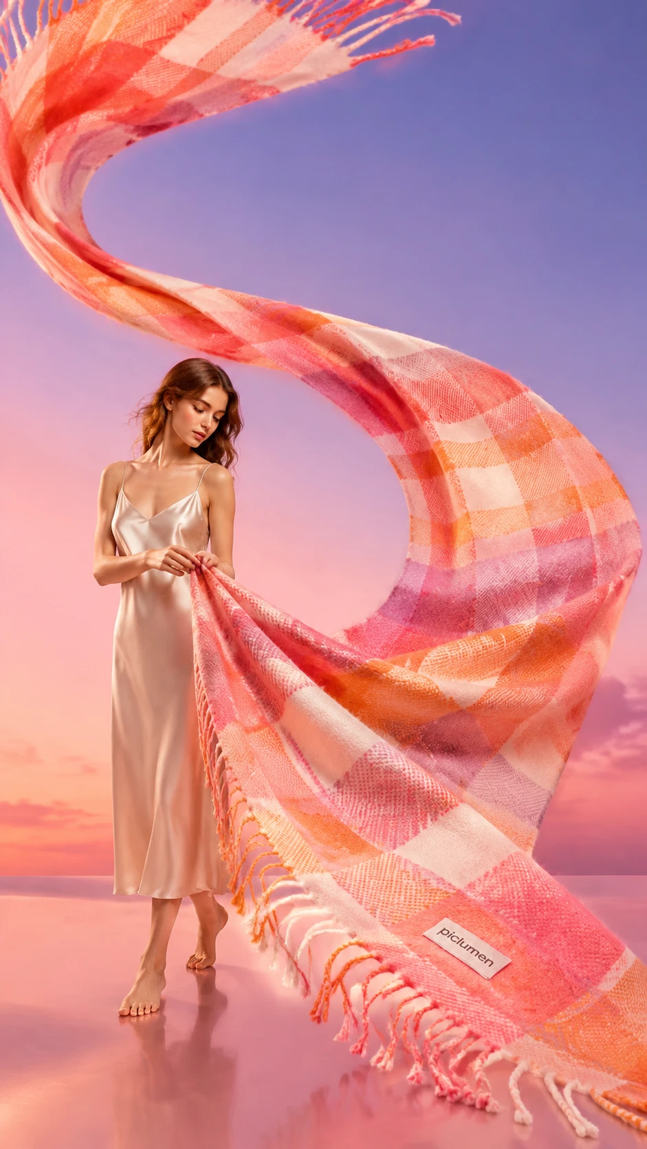 Elegant woman with flowing plaid scarf in pastel sky