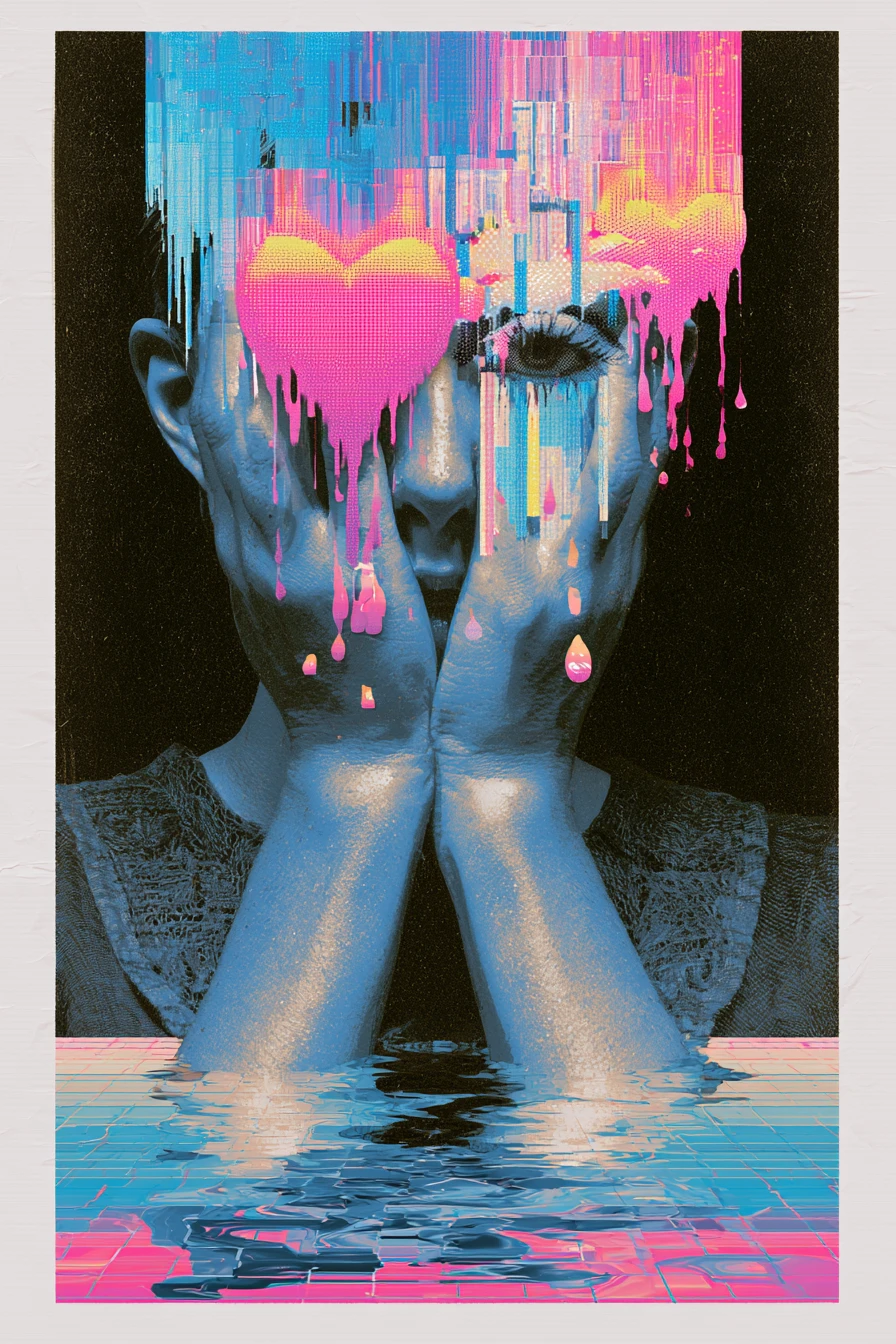 Corações coloridos em glitch art com brilho neon vaporwave