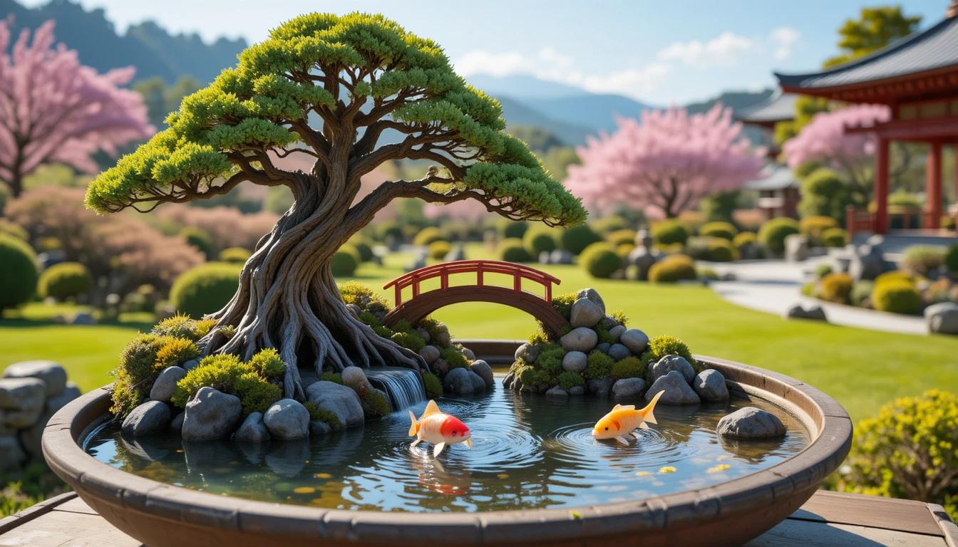五重塔と鯉の池のあるミニチュア盆栽風景