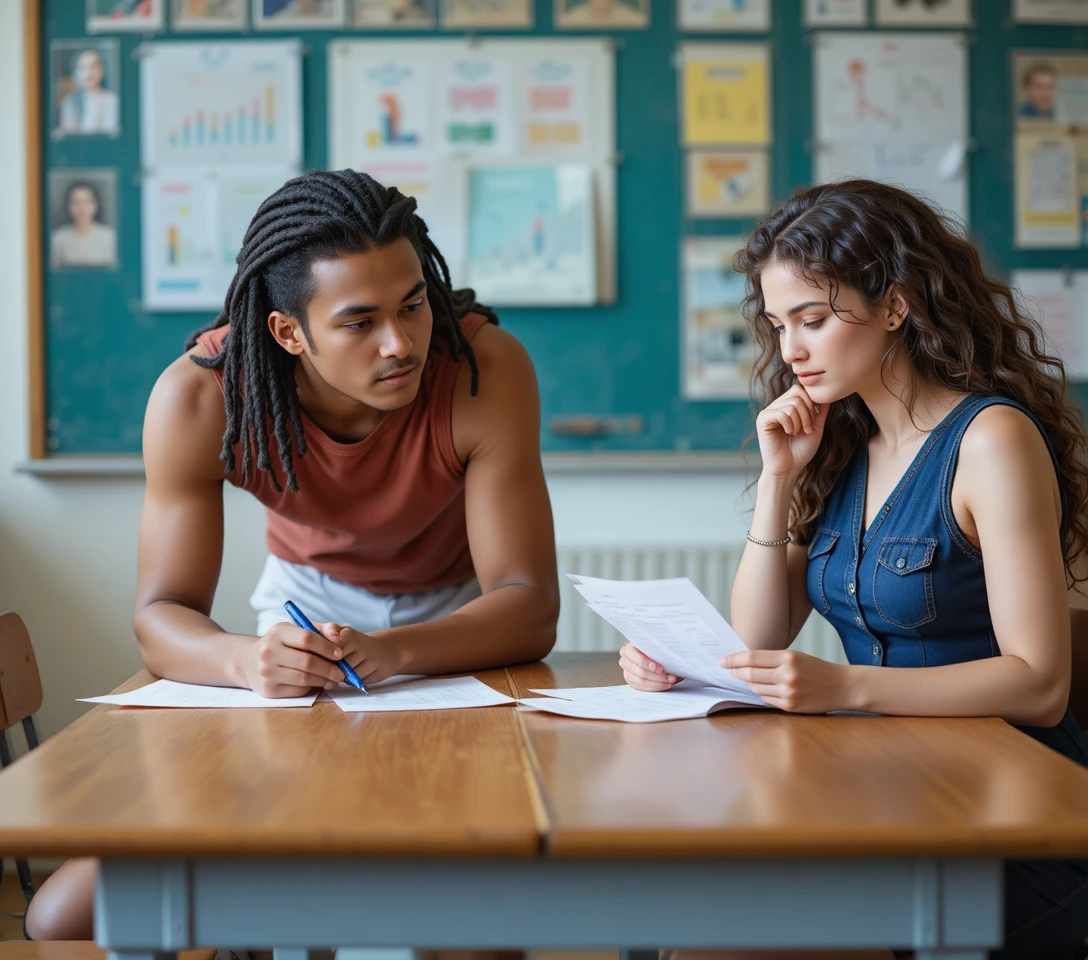 Young man and woman studying together at classroom table