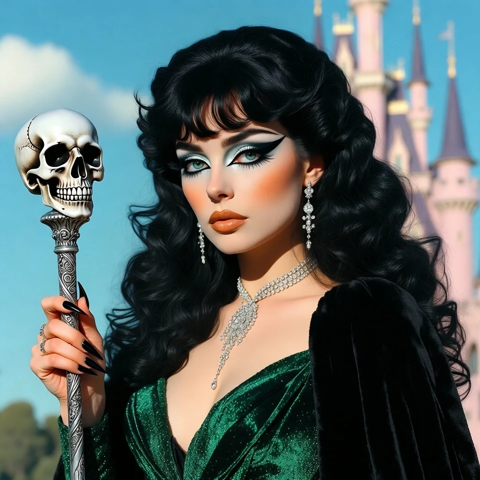 Sorcière sombre devant un château de fantaisie pastel