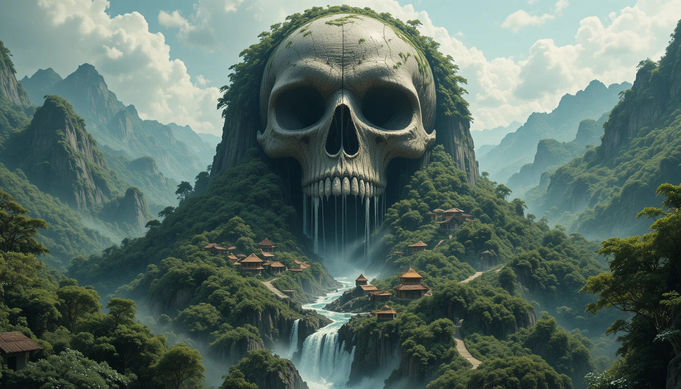 Montagne gigantesque en forme de crâne surgissant d’une rivière dans la jungle luxuriante