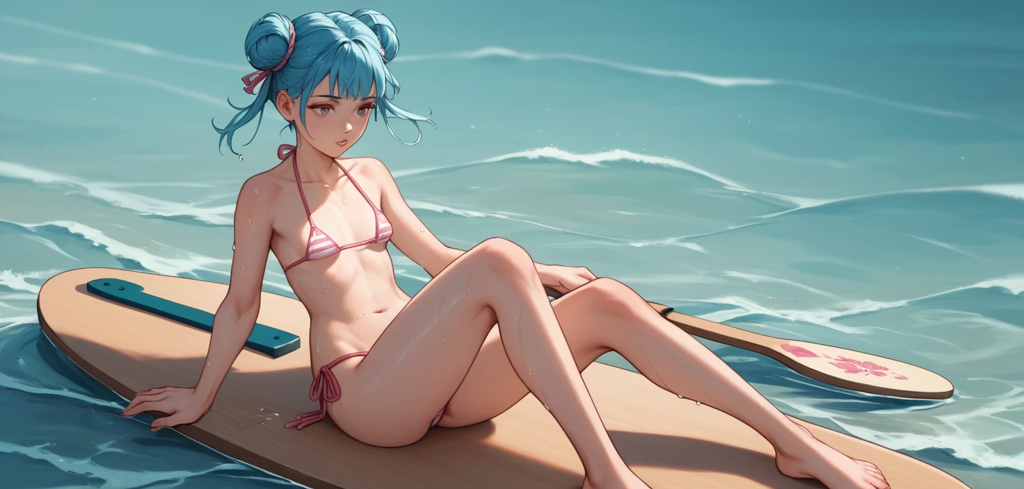 Ragazza anime dai capelli blu che rema su un lago calmo