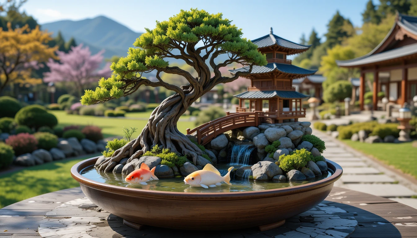 含寶塔與錦鯉池的迷你盆栽景觀