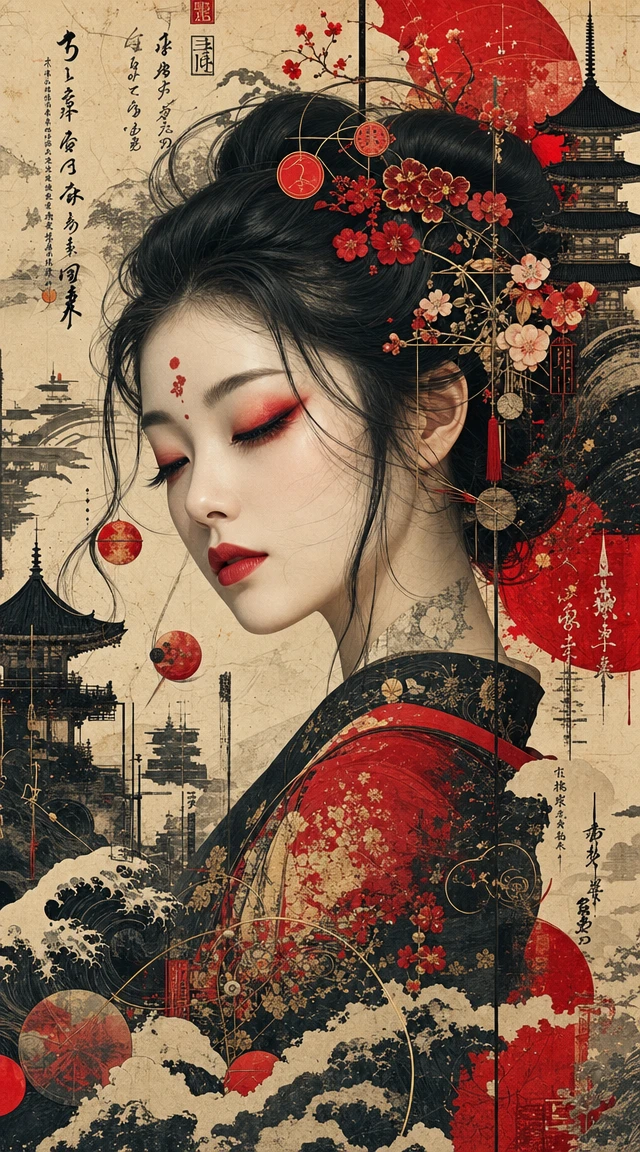 Serene Japanese woman in surreal mixed media portrait