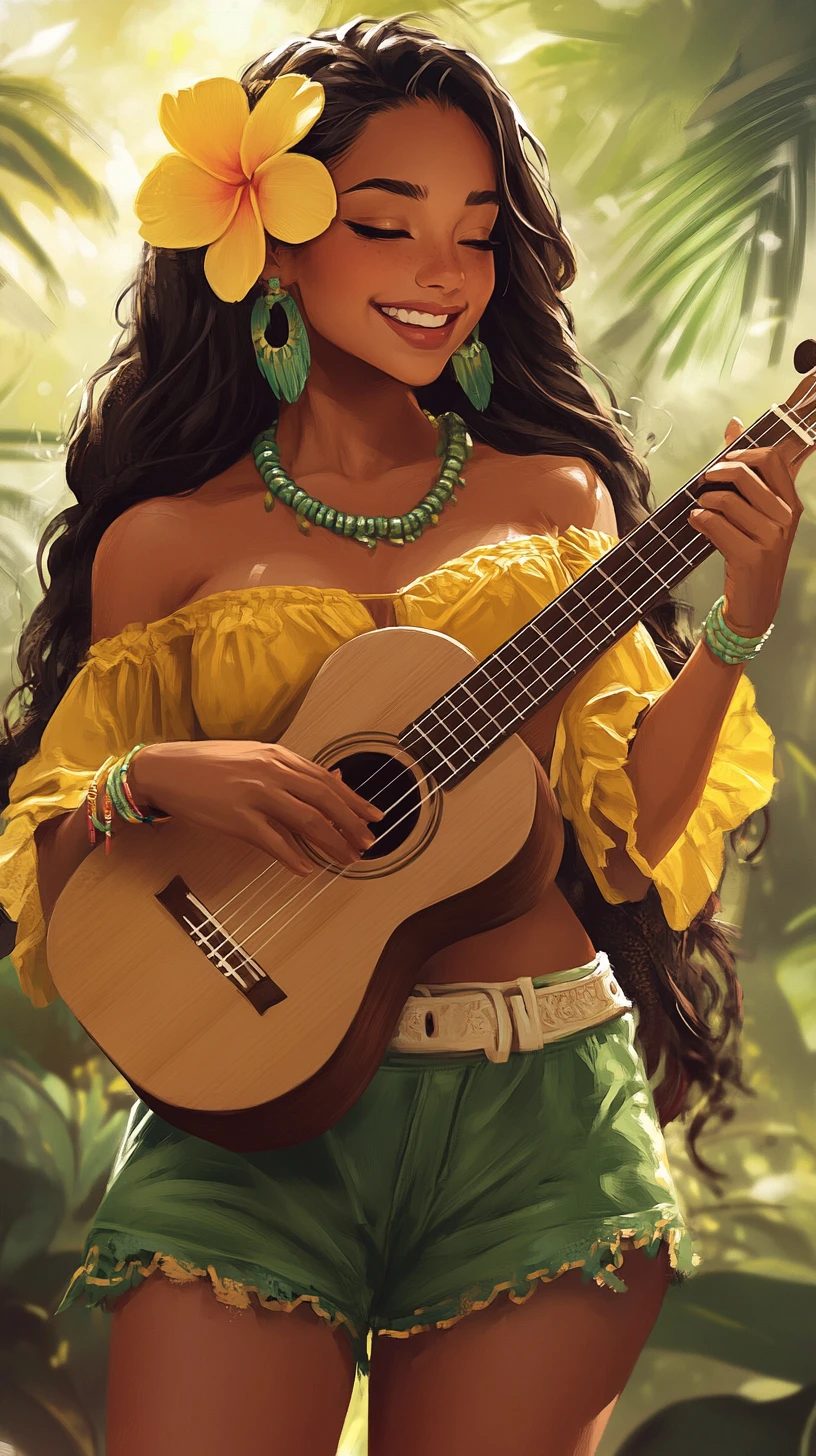 Jovem sorridente tocando ukulele com detalhe floral