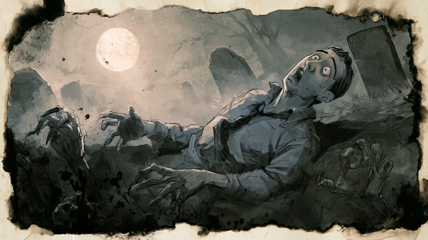 Homme terrifié entraîné sous terre dans un cimetière au clair de lune