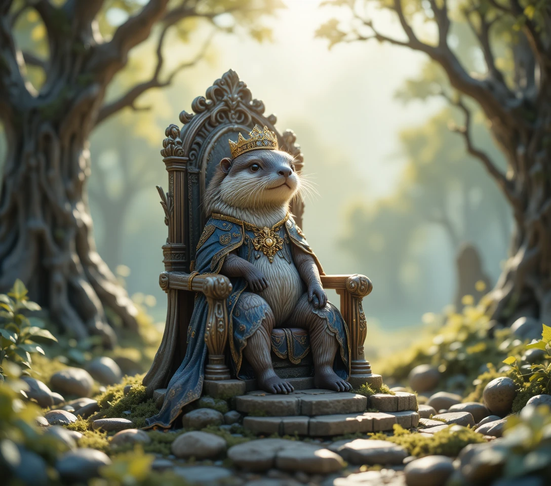 Regaler Otterkönig auf steinernem Thron in einer Waldlichtung