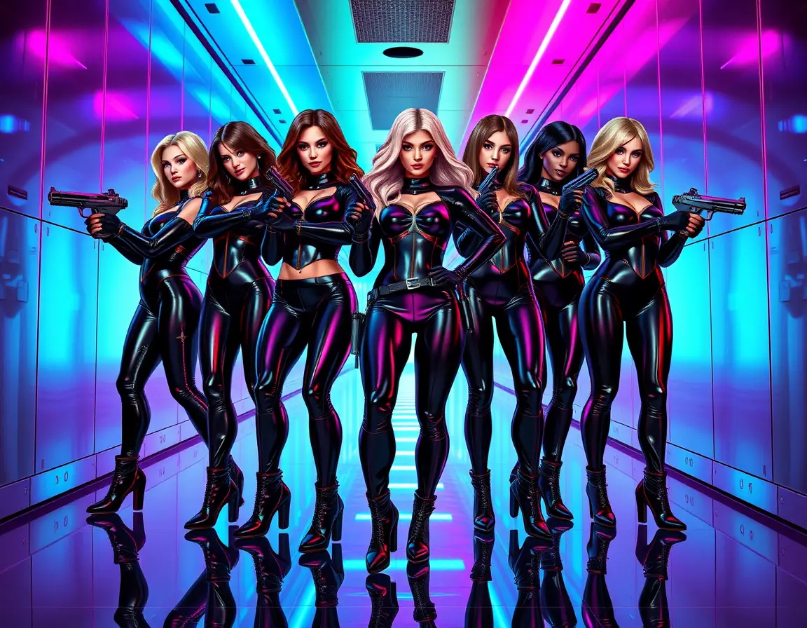 Femmes futuristes en combinaisons latex dans un couloir néon de science-fiction