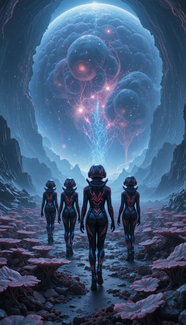 Peregrinos alienígenas à deriva por um oceano cósmico surreal