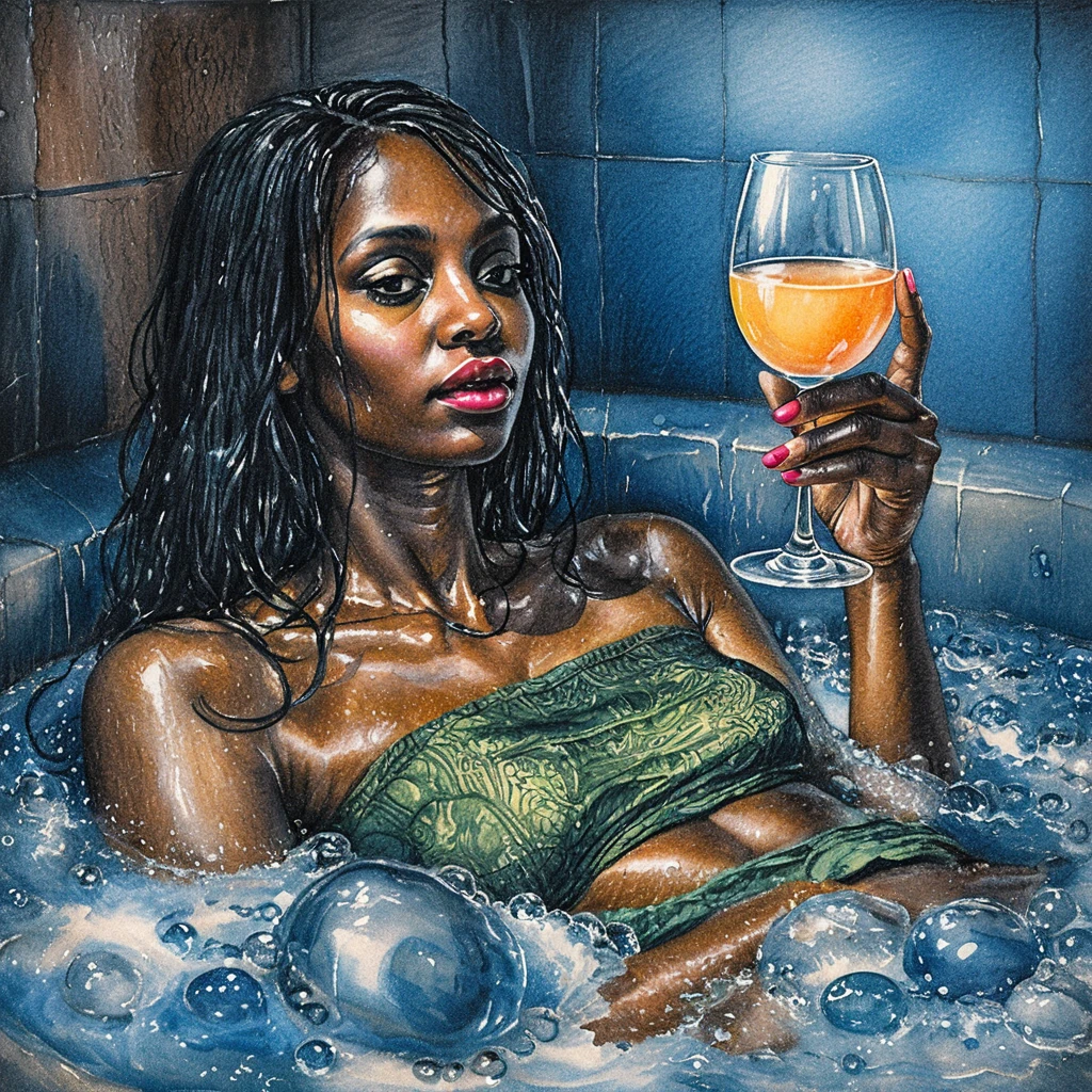 Black woman relaxing in a foamy bathtub with wine glass