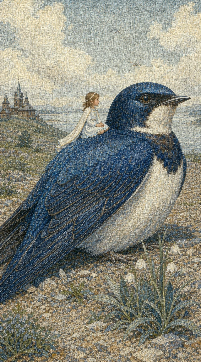 Menina pequena de vestido branco montando em uma andorinha azul