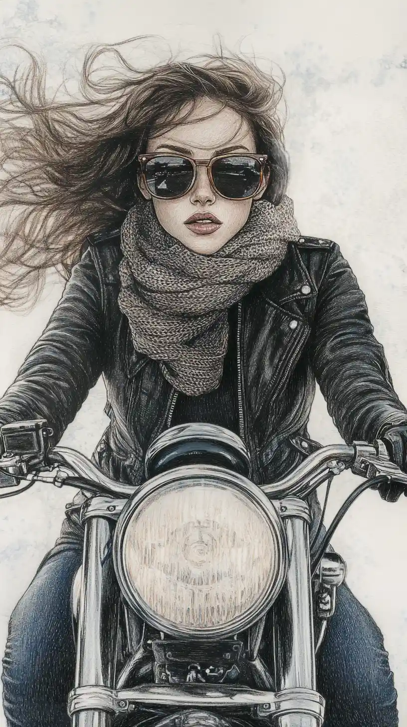 Motociclista mujer segura de sí misma avanzando hacia el espectador en ilustración a tinta