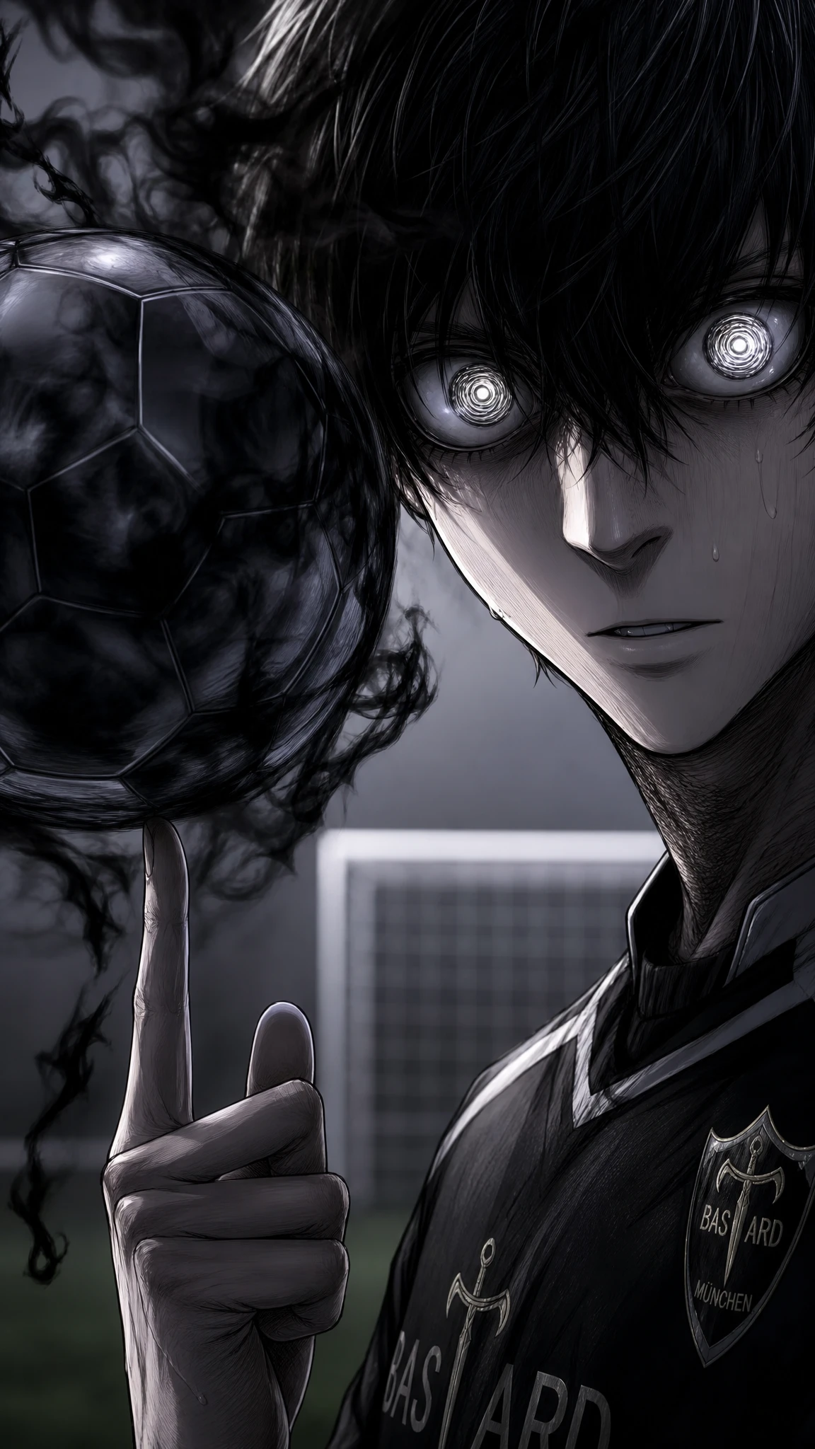 渦巻く瞳のアニメ男性が黒いサッカーボールを回している