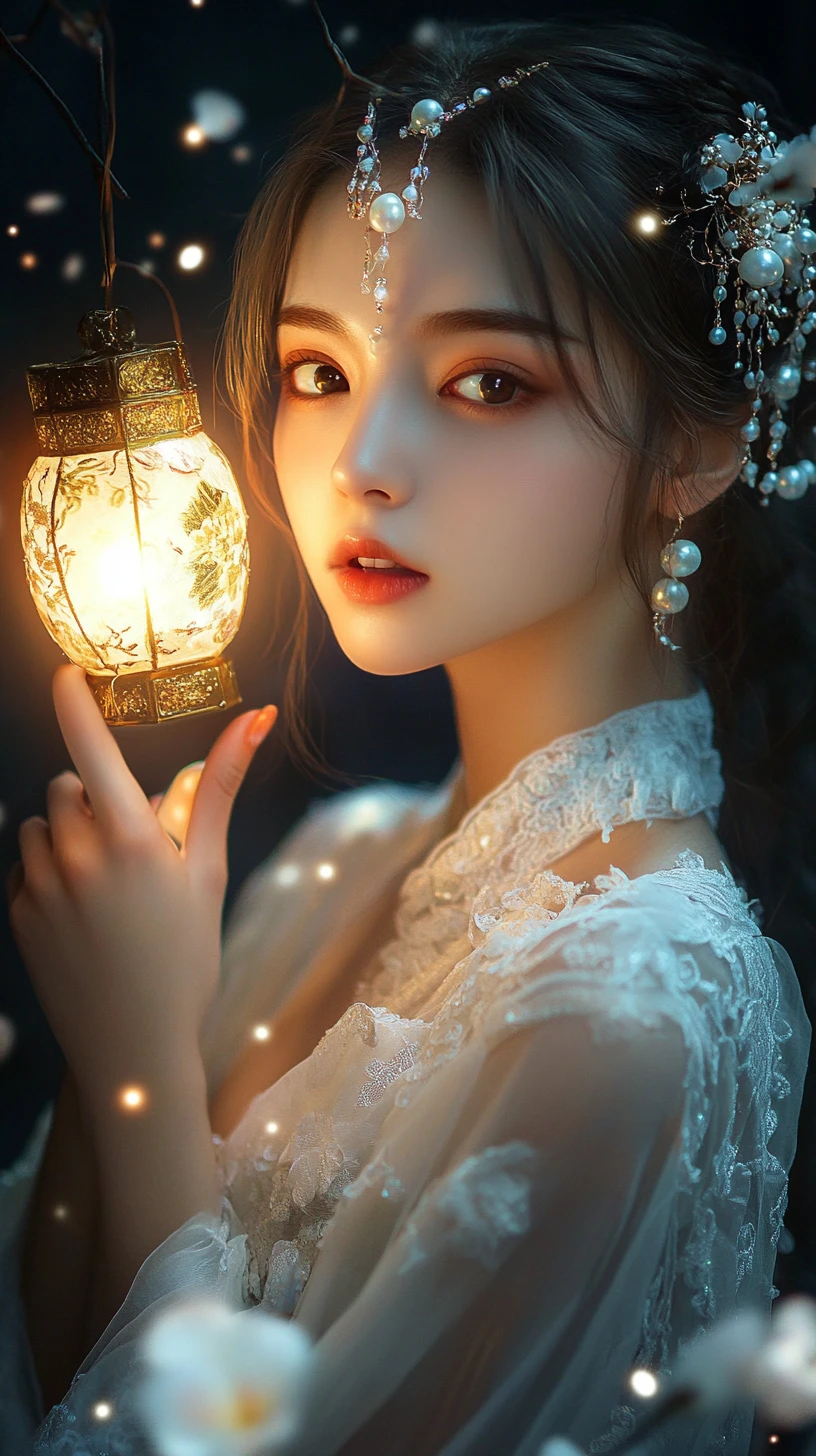 빛나는 꽃잎이 가득한 어둠 속 랜턴을 든 판타지 소녀