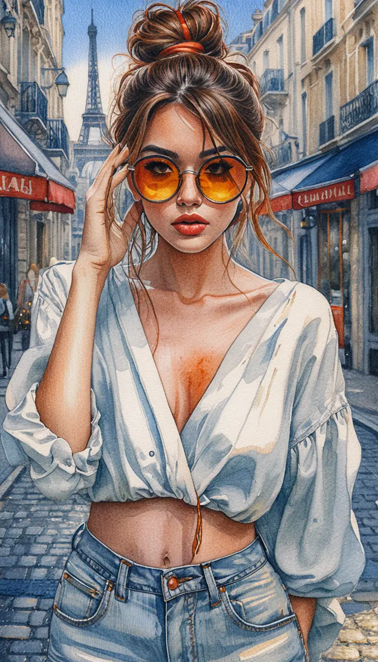 Stylish woman on Paris street in colored pencil illustration