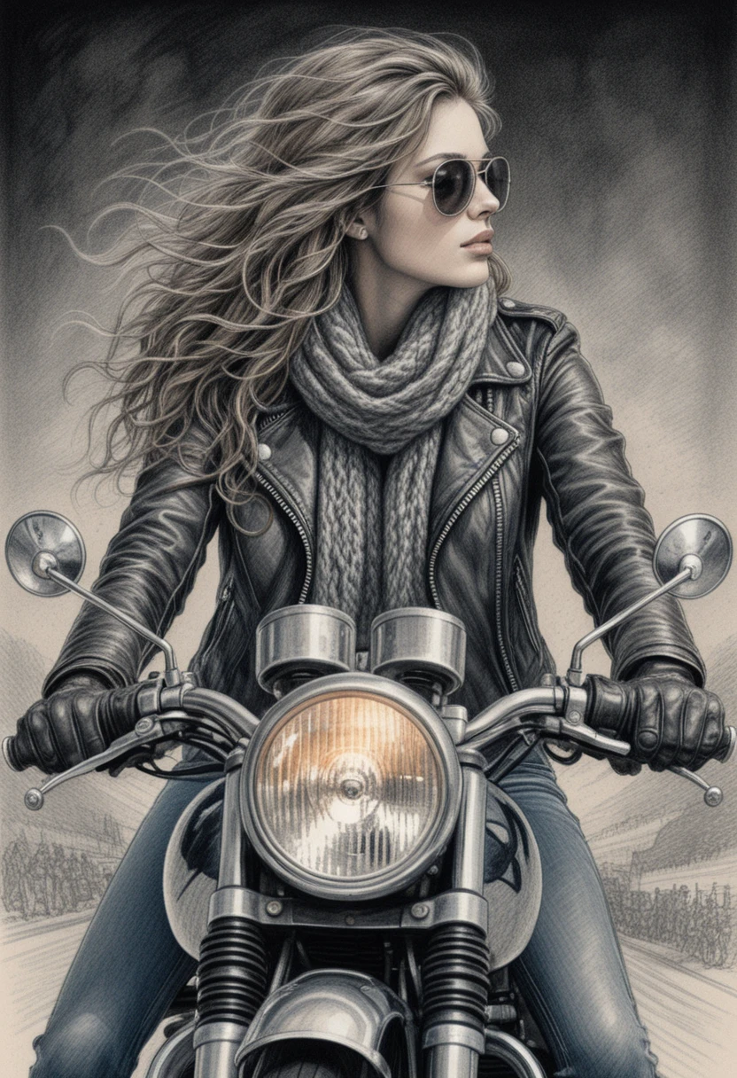 Jovem mulher pilotando uma moto vintage em direção ao observador