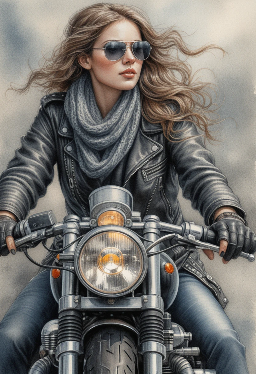 Frau fährt ein Vintage-Motorrad direkt auf den Betrachter zu