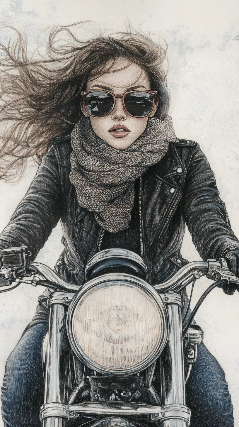 Motociclista mujer segura de sí misma avanzando hacia el espectador en ilustración a tinta