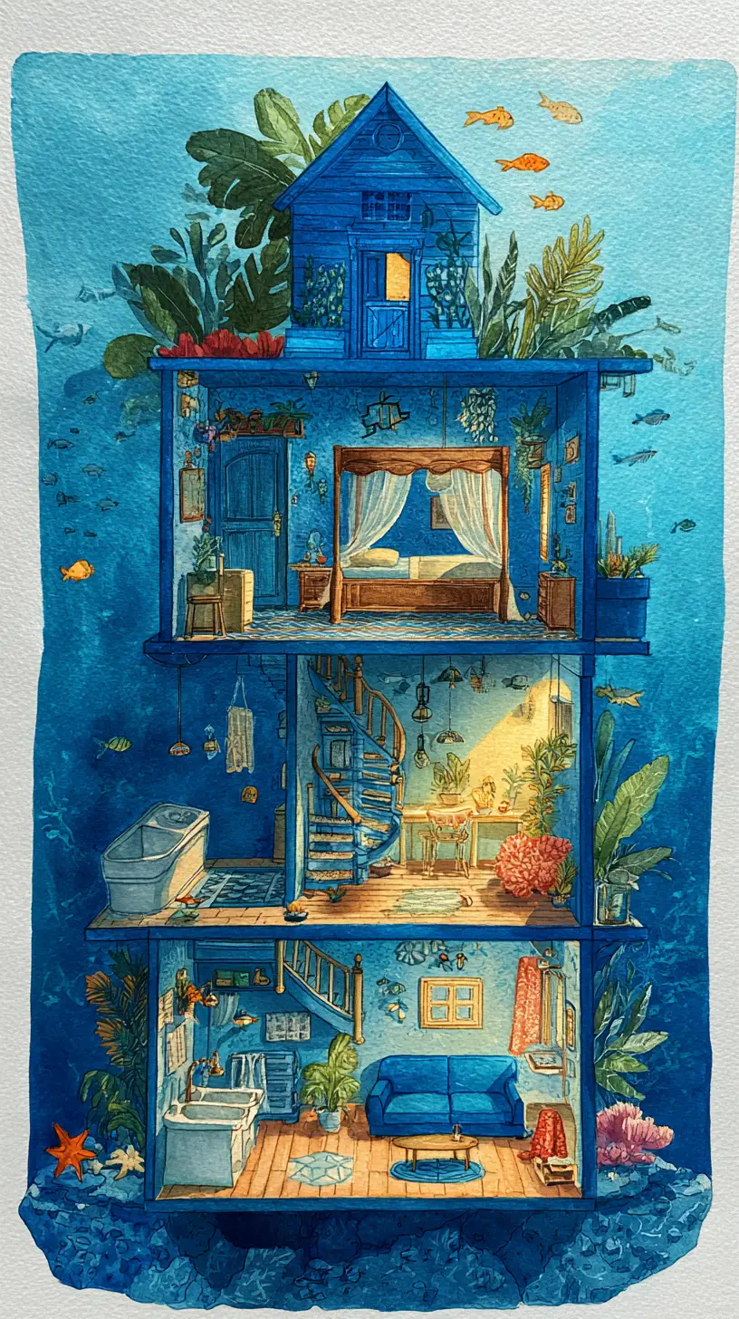 Maison sous-marine en coupe avec intérieur multicouche chaleureux