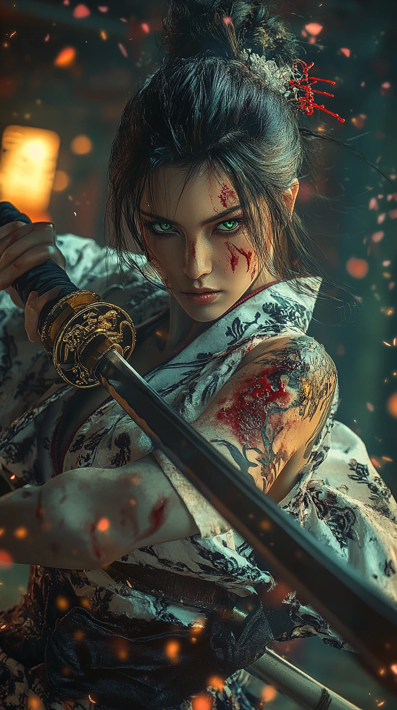 Fiera samurái femenina desenvaina su katana entre pétalos que caen