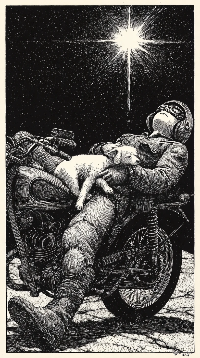 Piloto cansado dormindo em uma motocicleta vintage com filhote