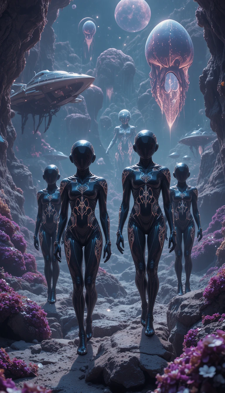 Peregrinos alienígenas à deriva por um oceano cósmico surreal